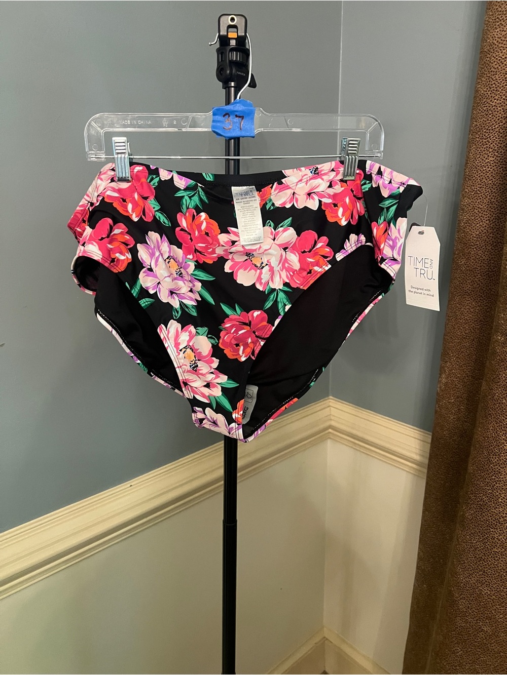 TIME AND TRU Floral High-Waist Bikini Bottoms - Black with Pink Floral NWT